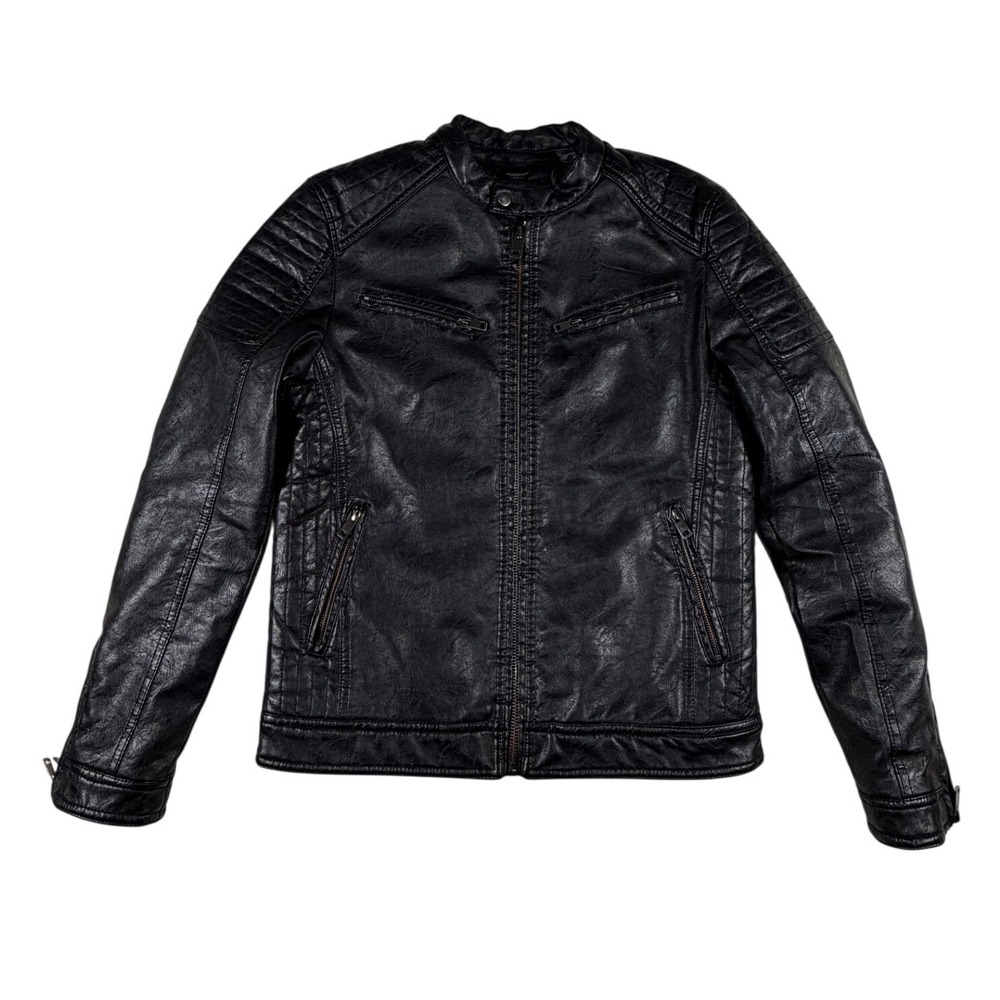 Mens Black Faux Leather Cafe Racer Moto Motorcycle Jacket Quilted Full Zip Large